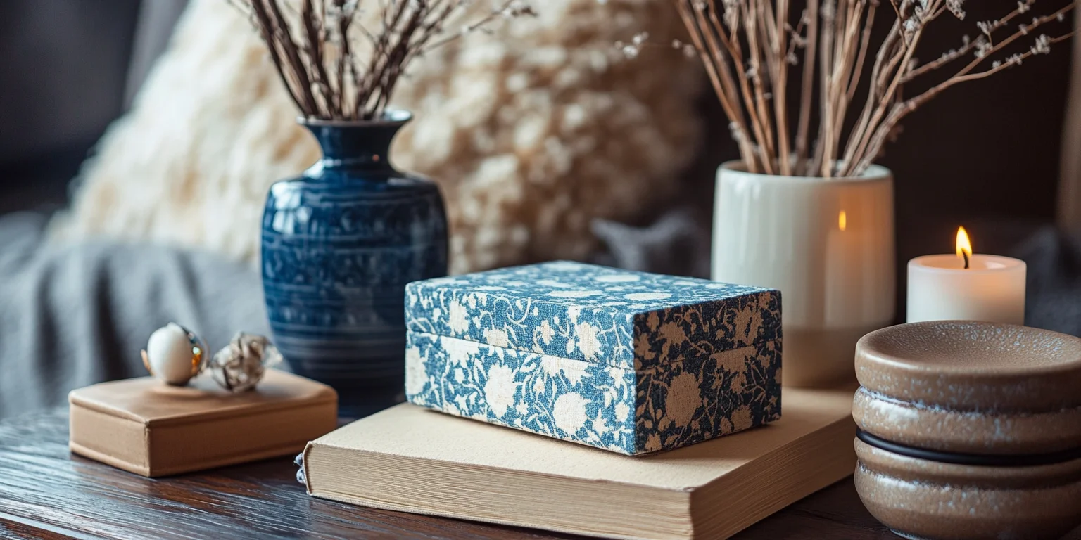 Stylish fabric jewelry boxes, open and closed, arranged on a dark surface.